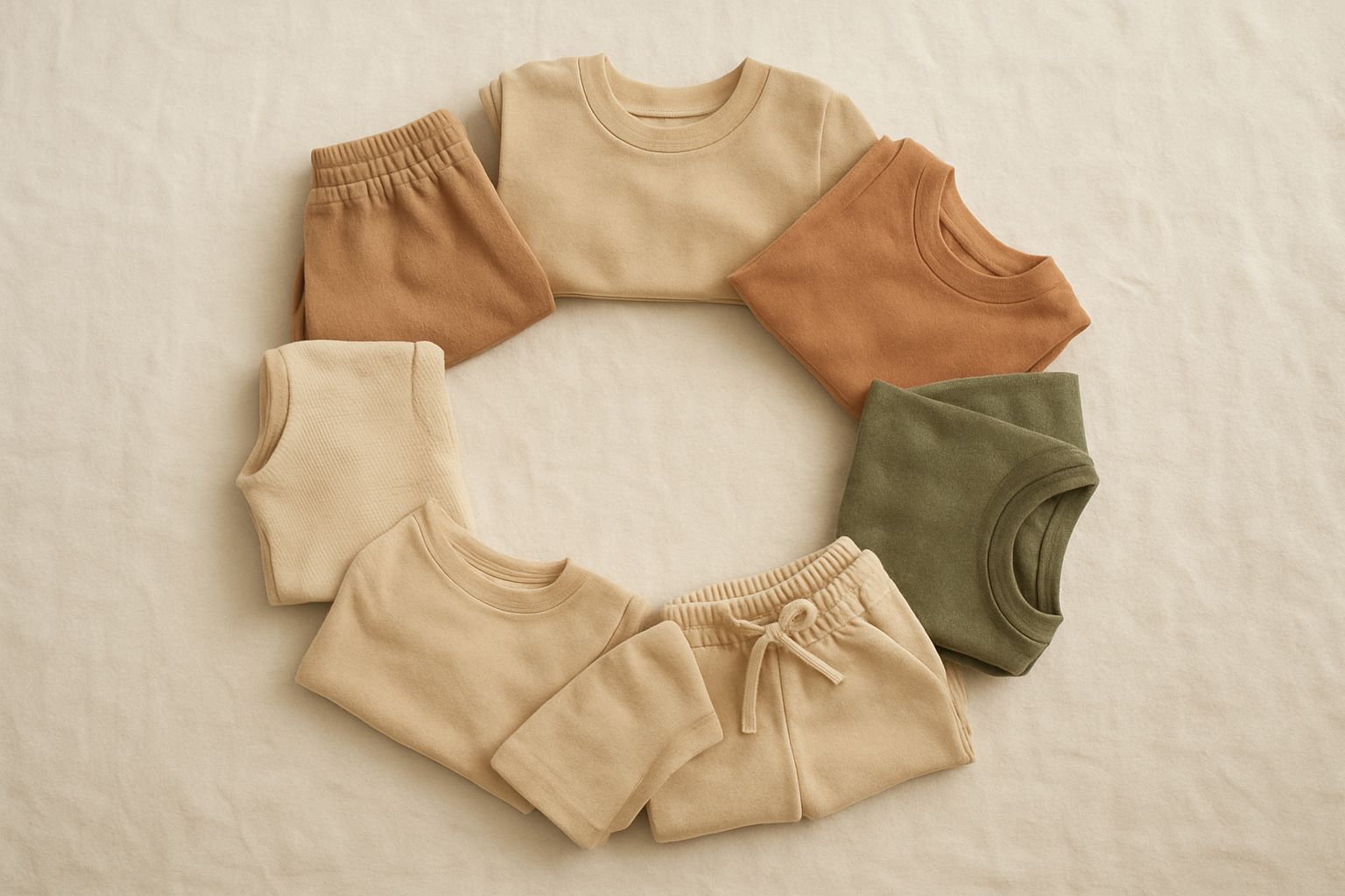Circular arrangement of children's clothing symbolizing sustainable clothing reuse