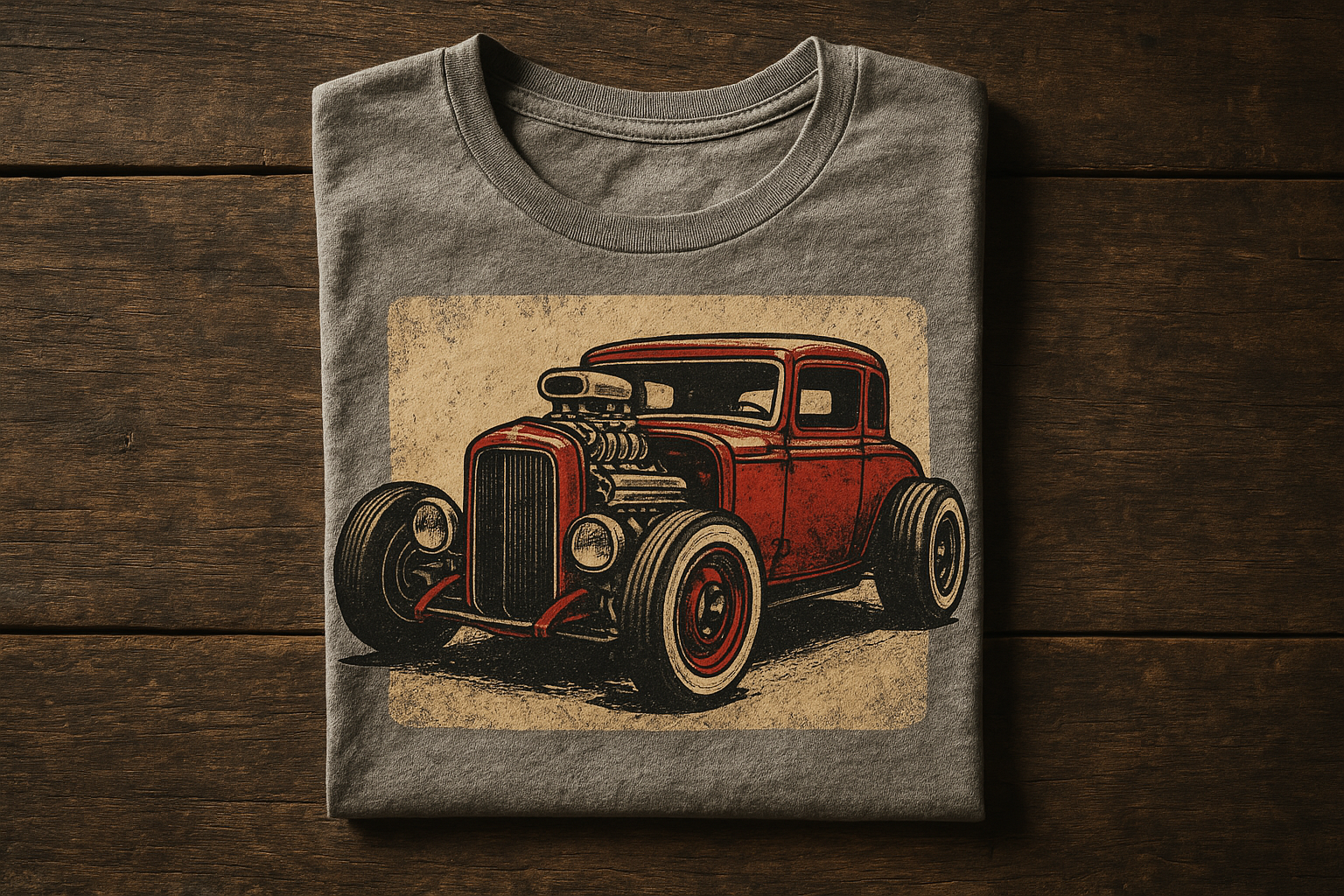 Folded graphic tee showing a bold vintage hot rod design on soft-feel screen printed t-shirts fabric