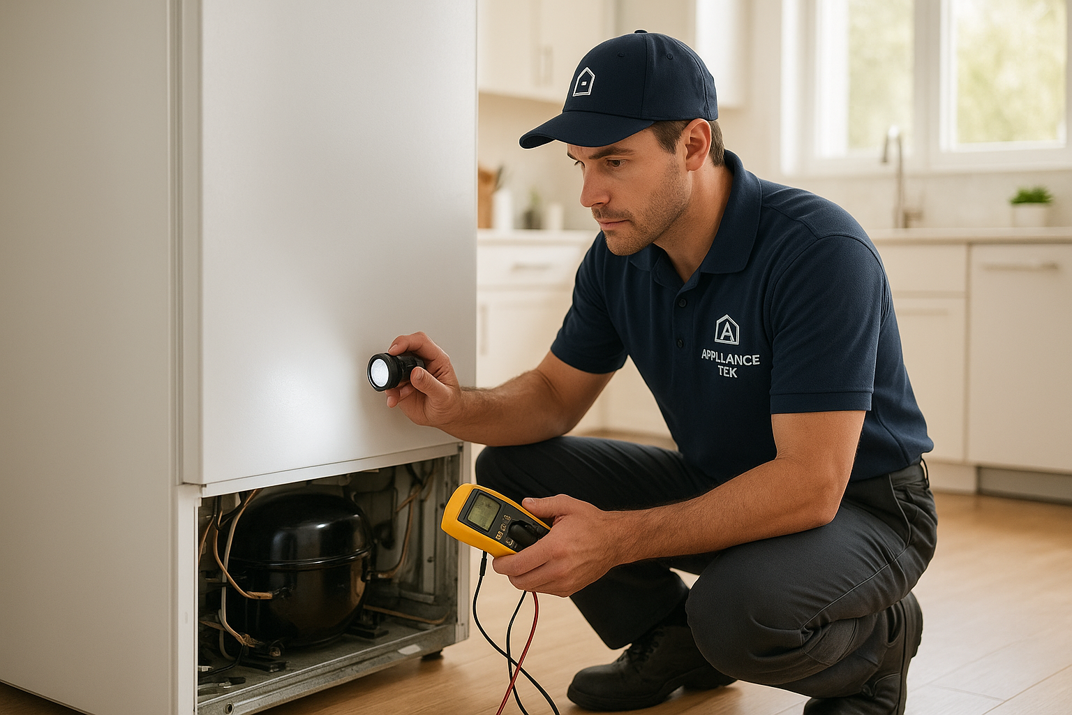 Technician performing refrigerator repair Santa Rosa homeowners scheduled for a warm-not-cooling issue