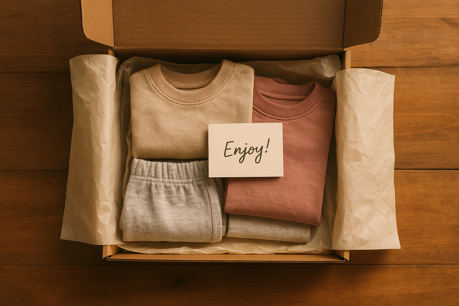 A kids clothing rental subscription box arriving with carefully folded designer children's garments