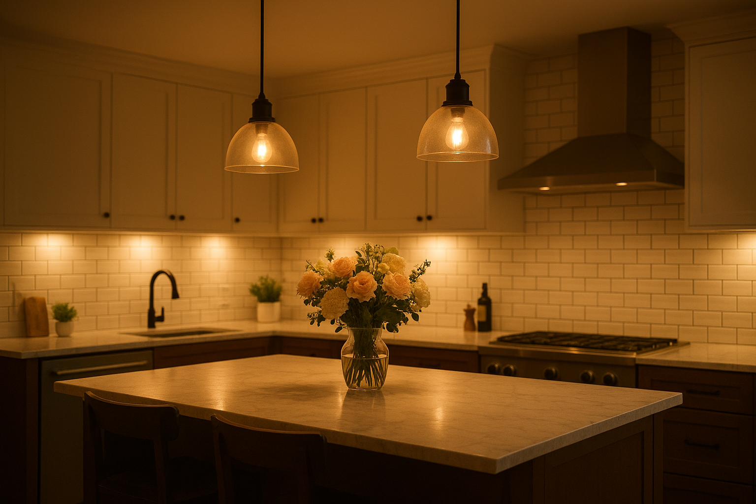 Updated kitchen backsplash and lighting as part of quick kitchen updates