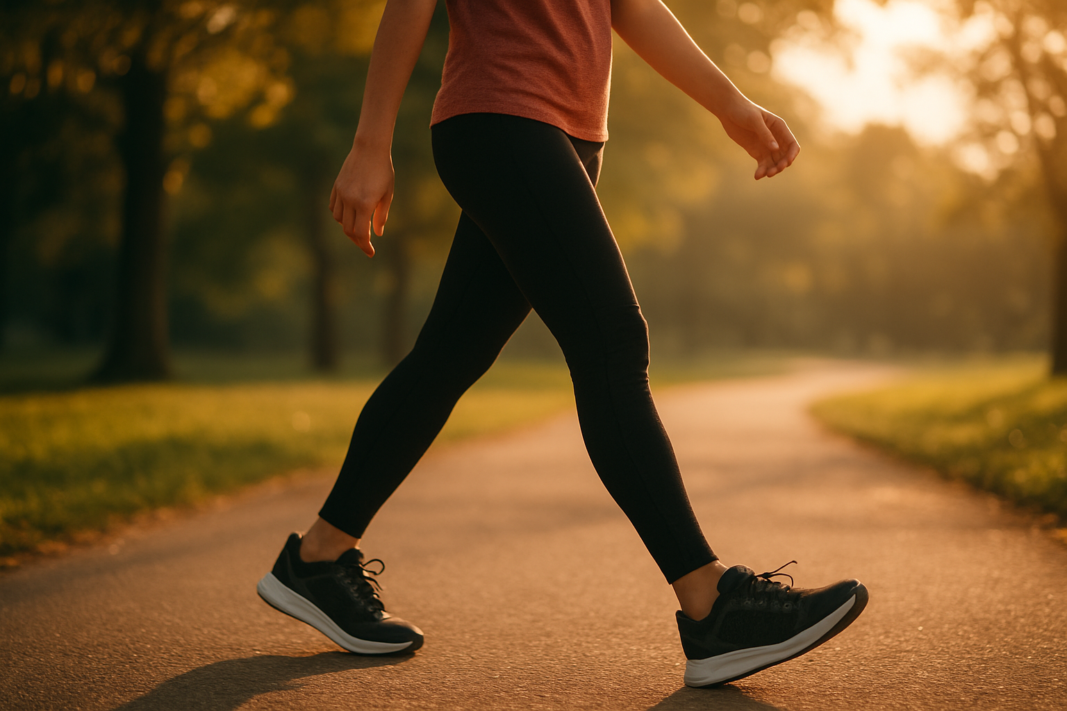 Person walking outdoors comfortably in shoes fitted with orthotics for home use