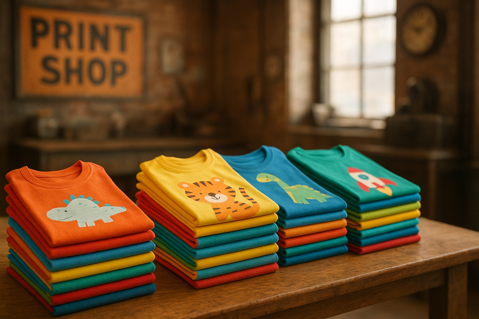 Folded stacks of bulk custom kids apparel T-shirts in assorted colors ready for group orders