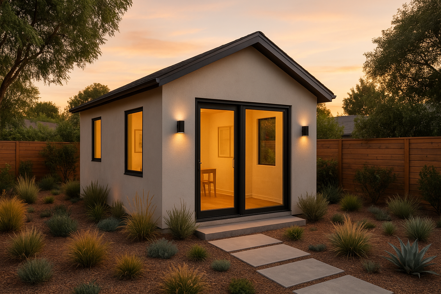 Completed detached ADU exterior designed for a Southern California backyard lot