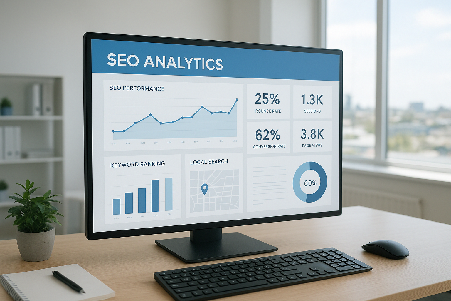 AI SEO Perth dashboard showing local keyword rankings and search analytics on a monitor