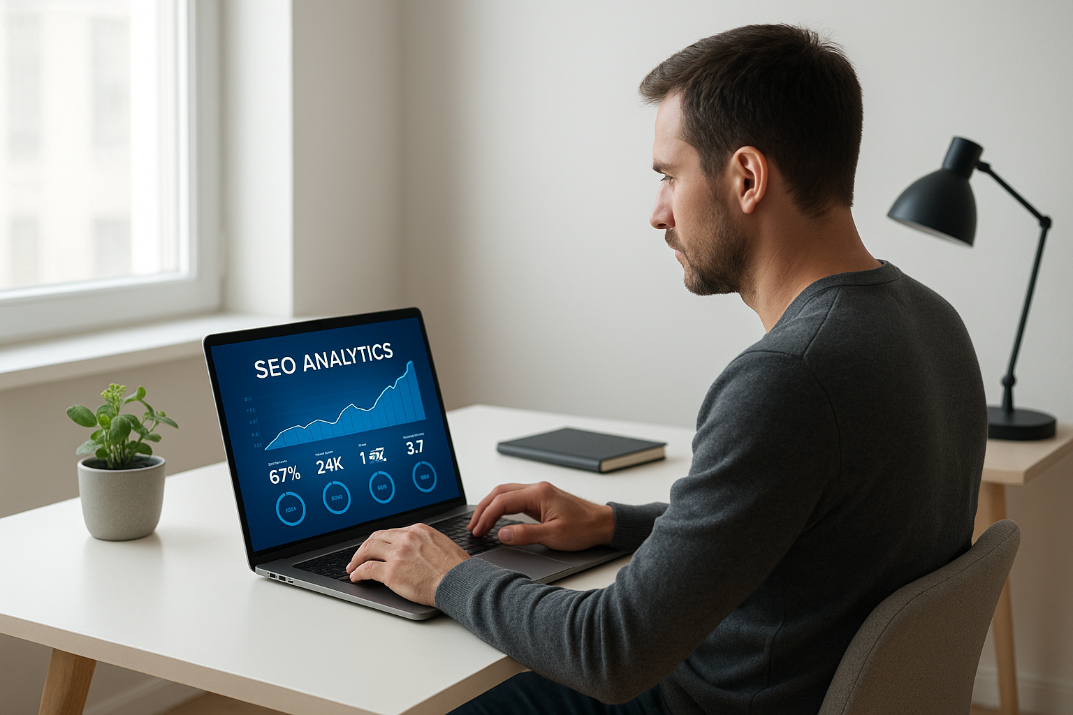 Freelancer reviewing an AI SEO platform for freelancers on a laptop dashboard