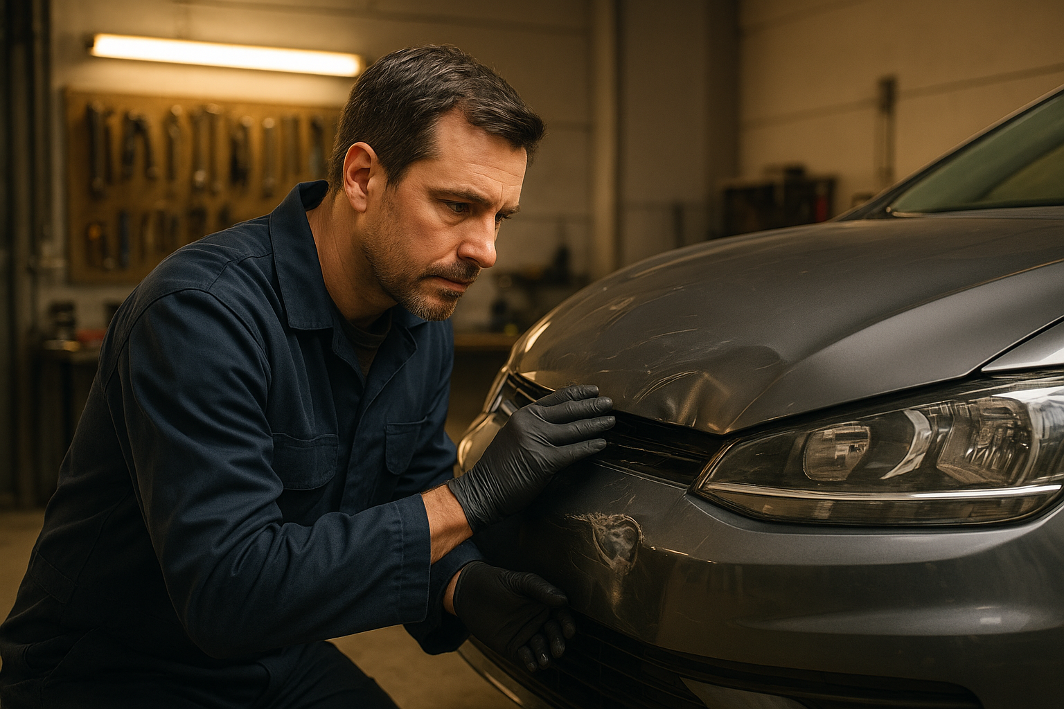 Certified technician performing base auto body inspection on a damaged vehicle panel