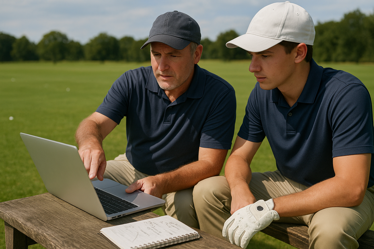 Golf coach and competitive player reviewing swing notes and video footage on a practice fairway