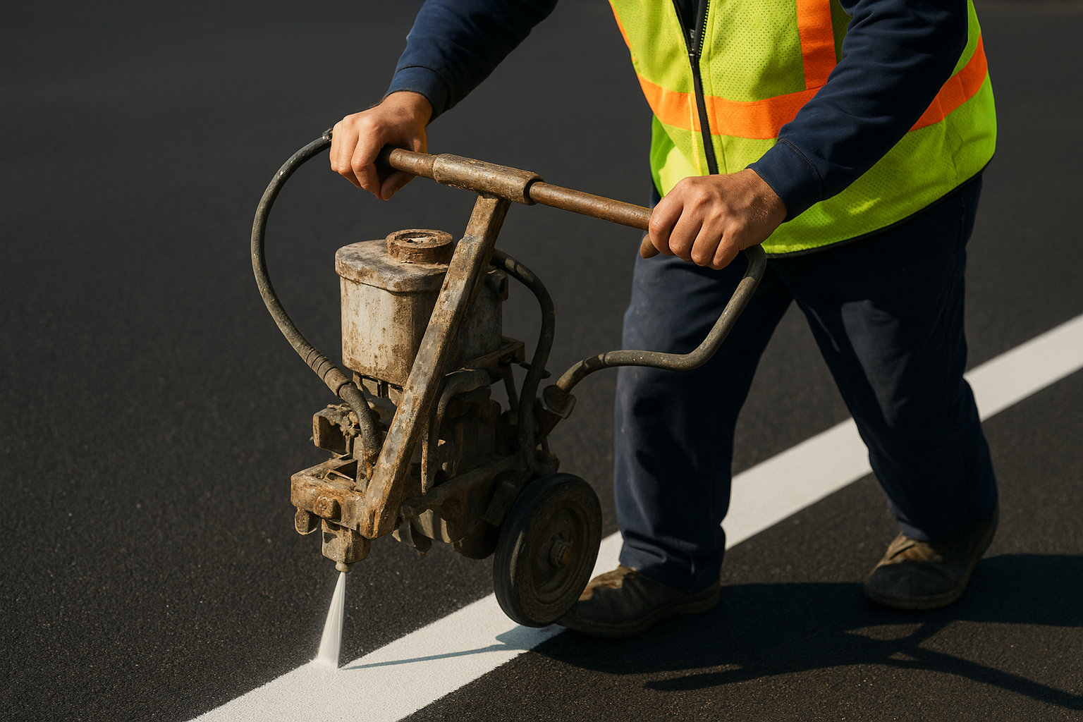 Line striping crew applying fire lane markings on a commercial property