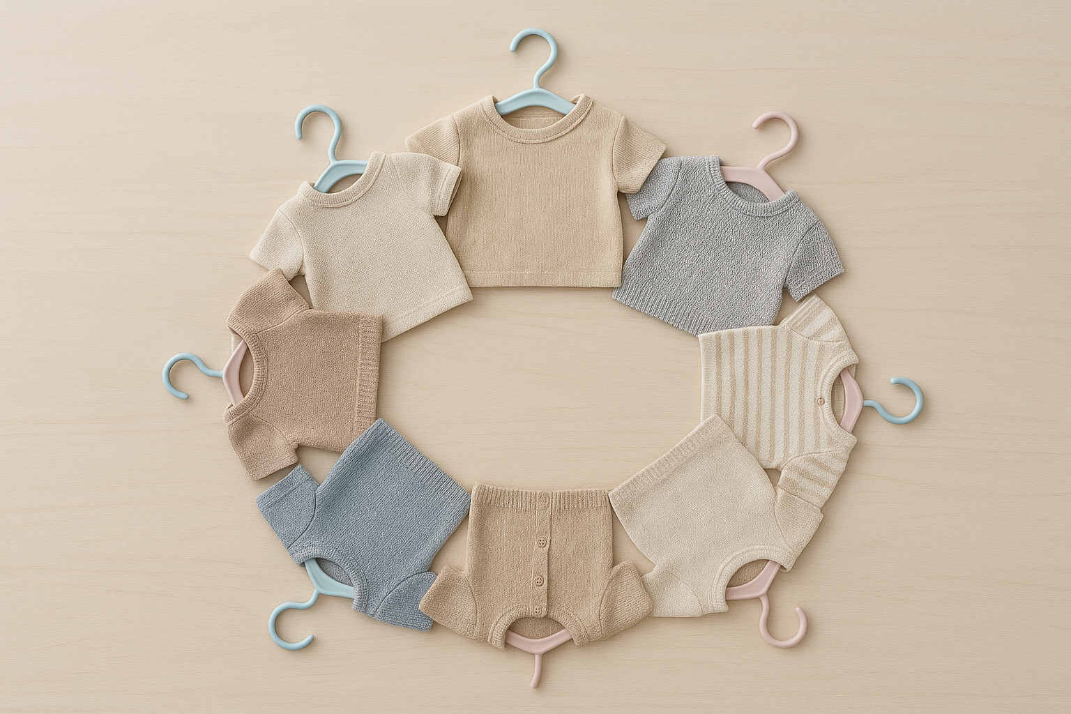Circular arrangement of children's clothing hangers symbolizing the sustainable rental clothing cycle