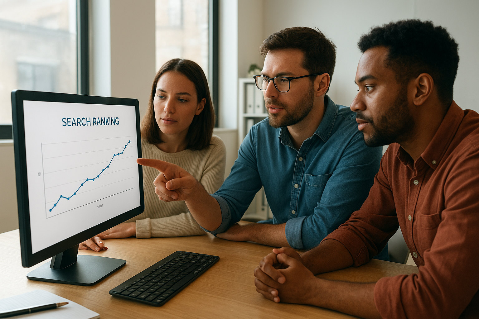 Startup team reviewing search ranking growth after using automated SEO tools
