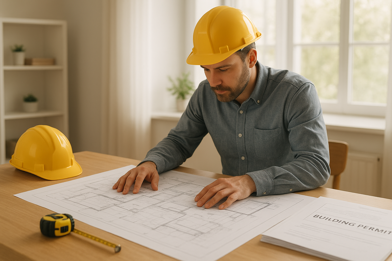 ADU contractor in Los Angeles reviewing architectural blueprints and permit documents for a new accessory dwelling unit project