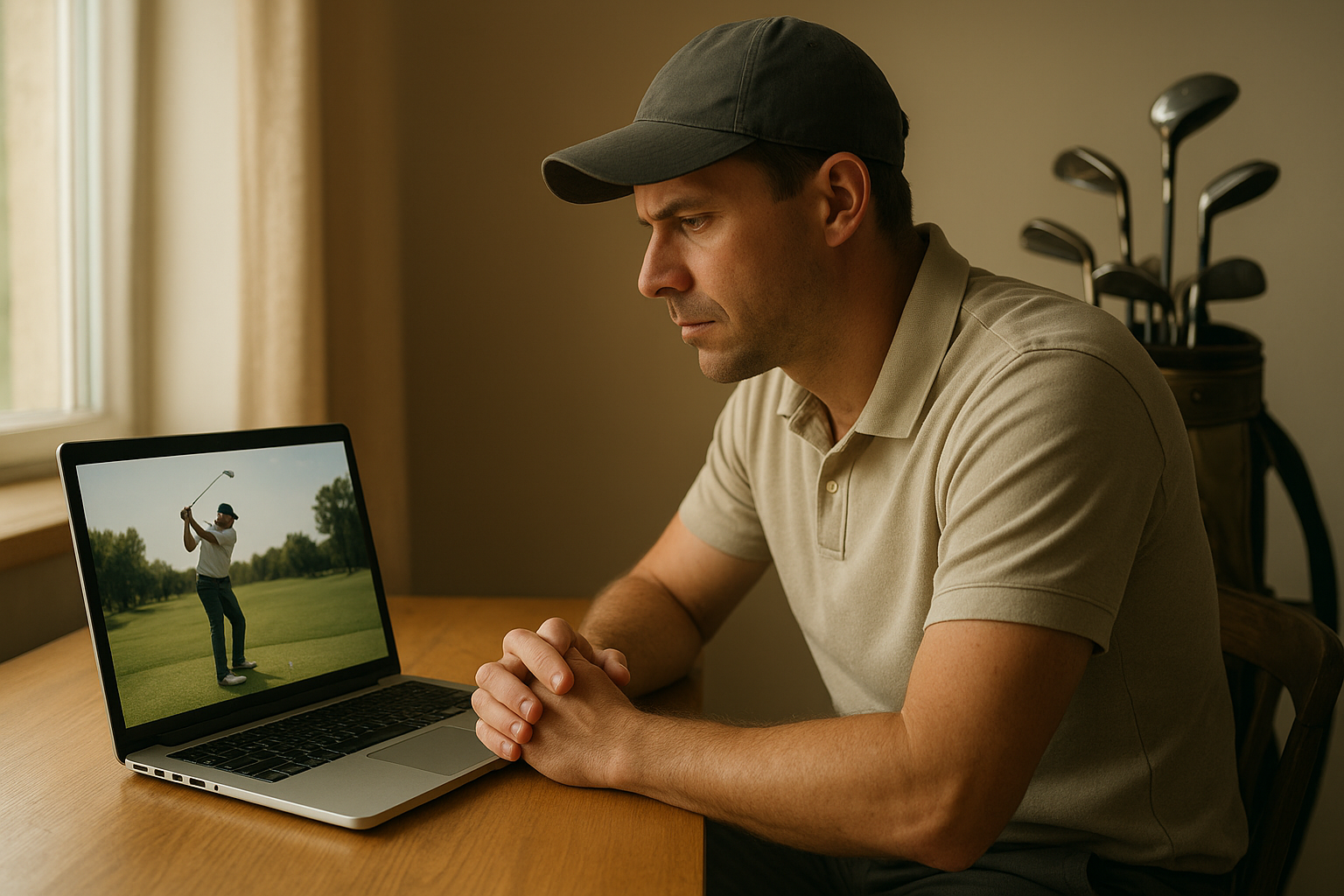 Golfer reviewing swing video during elite golf performance coaching session