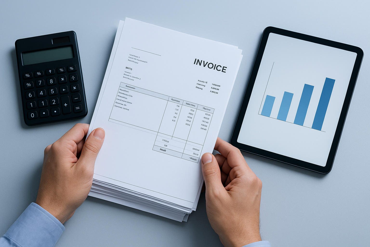 Hands organizing unpaid invoices as part of accounts receivable financing process