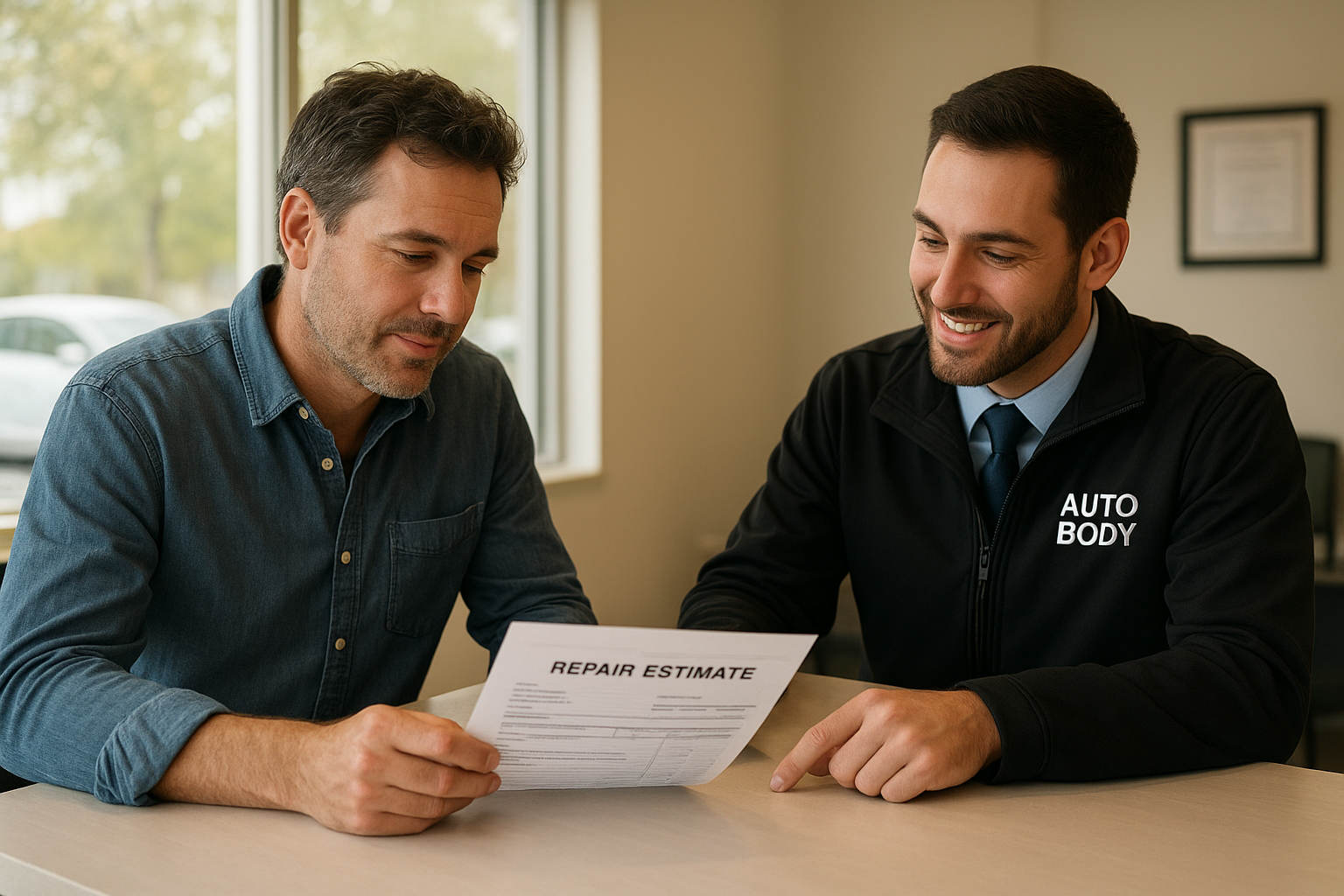 Vehicle owner reviewing an aftermarket parts repair estimate with a shop advisor at an auto body reception desk