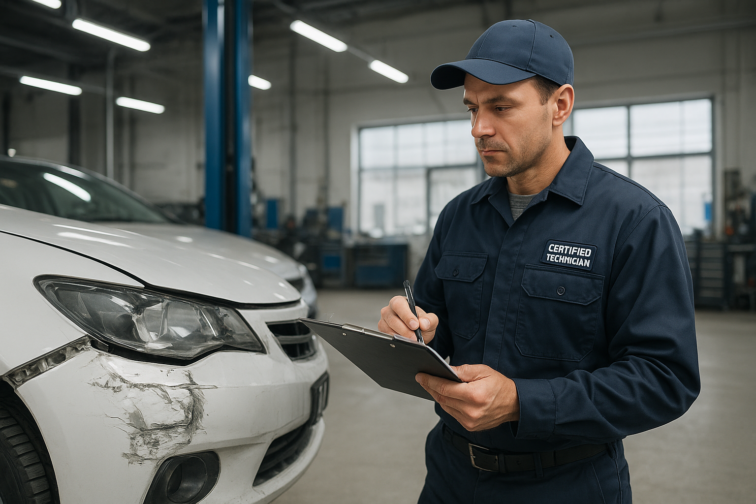 Technician performing collision damage repair Orange County service on a damaged vehicle bumper