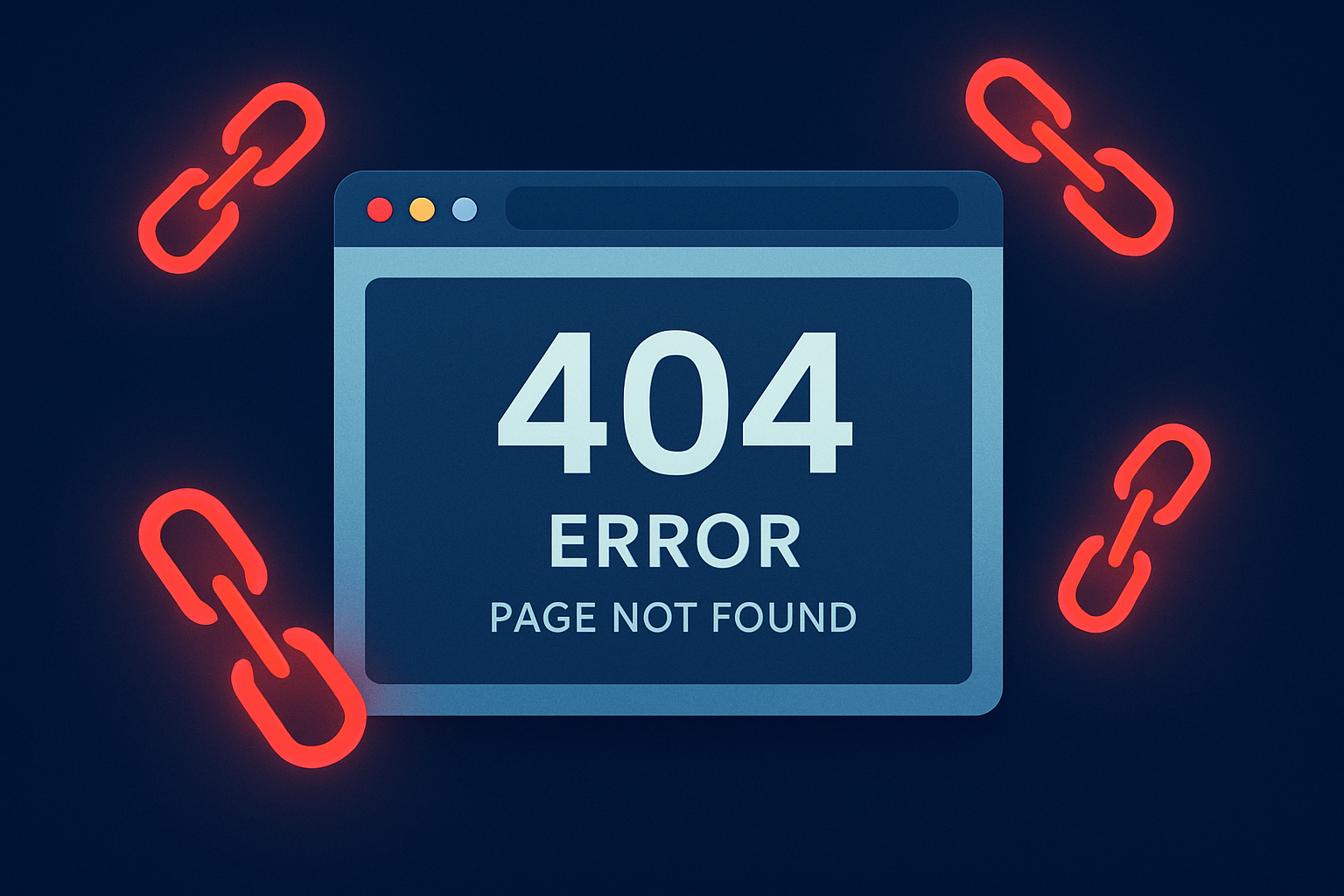 Browser screen showing 404 error representing broken links on a website needing repair