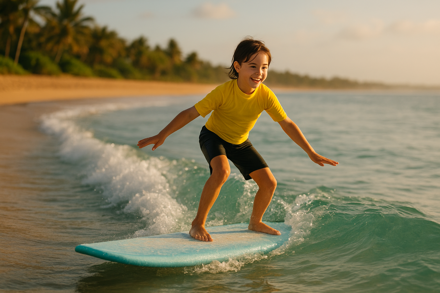 Beginner surfer standing on a foam board during surf lessons on Oahu at a sunny beach