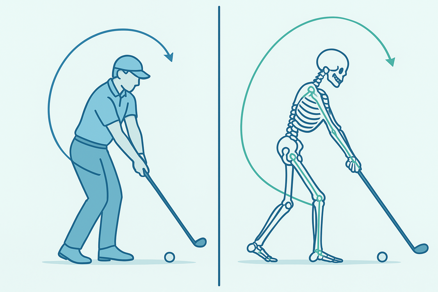 Biomechanical diagram illustrating swing mechanics used in high-level golf instruction