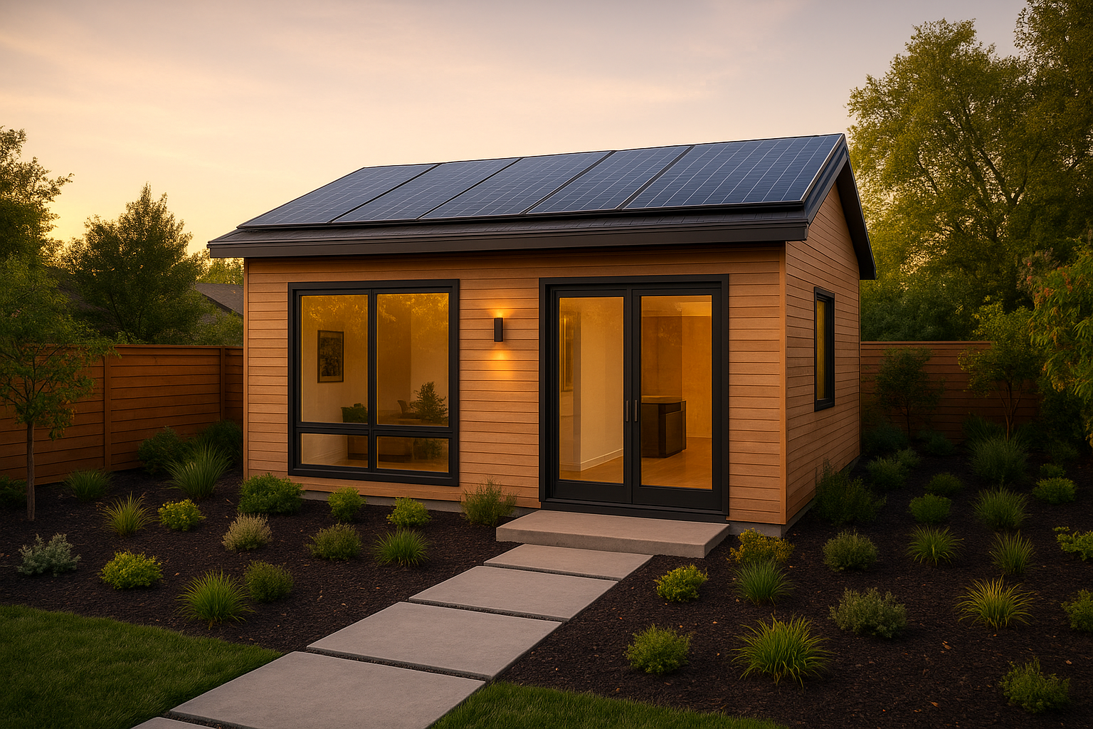 Completed net-zero focused ADU with solar panels and energy-efficient windows