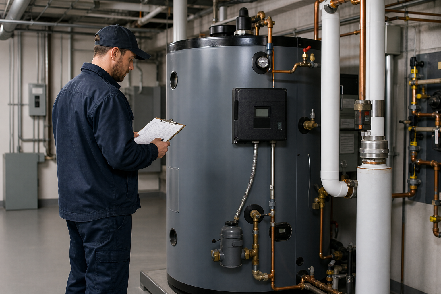 Technician inspecting a commercial water heater during a routine maintenance visit