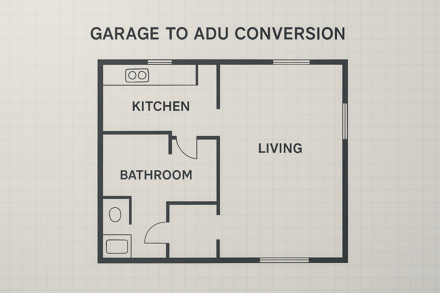Blueprint floor plan layout for a garage conversion ADU project in Riverside County