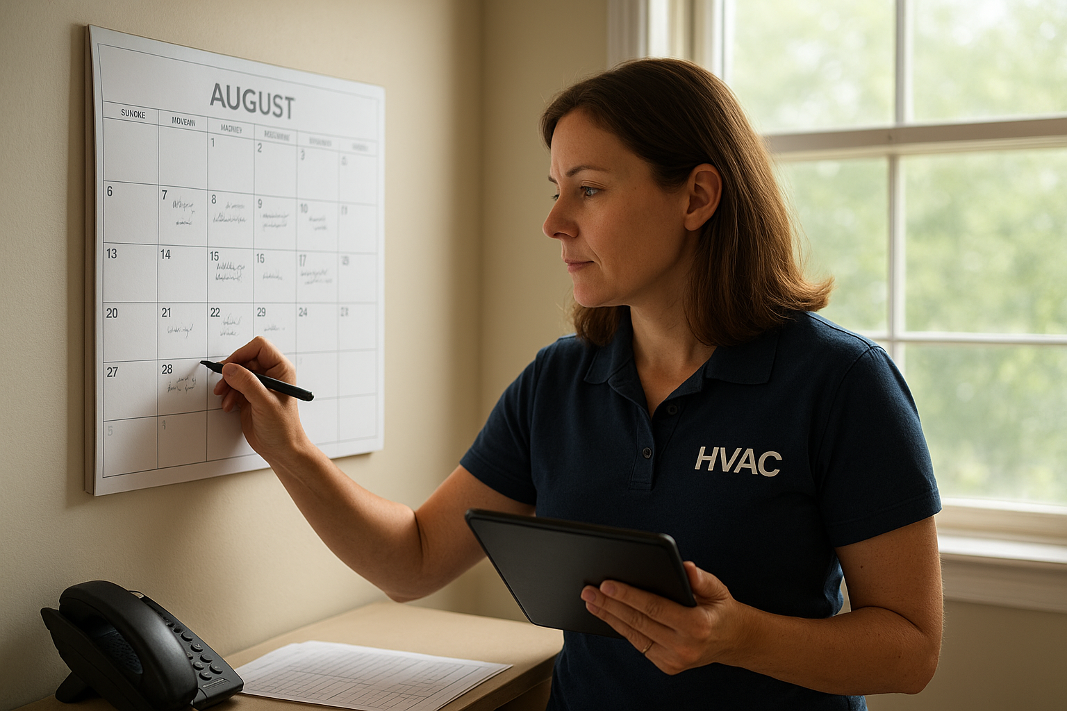 Dispatcher scheduling HVAC technicians using field service software