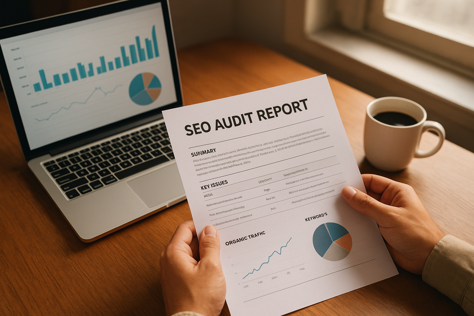 SEO professional reviewing a printed backlink audit report alongside a laptop with link data