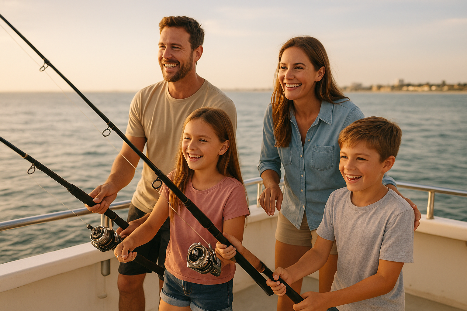 Family enjoying a budget friendly fishing charter along the Myrtle Beach coastline