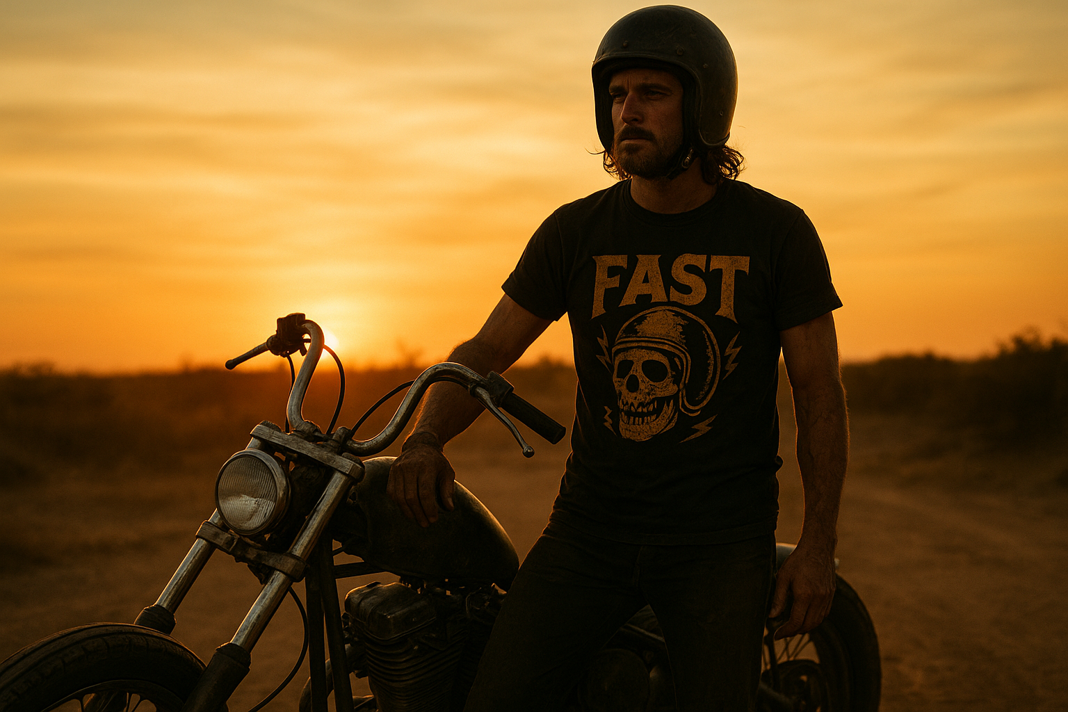 Rider wearing custom apparel for motorcycle fans beside a vintage chopper at sunset