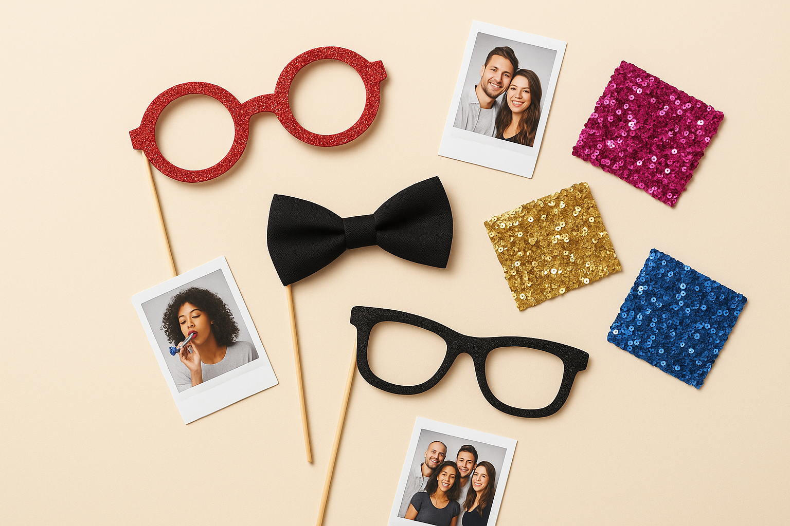 Holiday party props and printed photos from a corporate photo booth rental setup