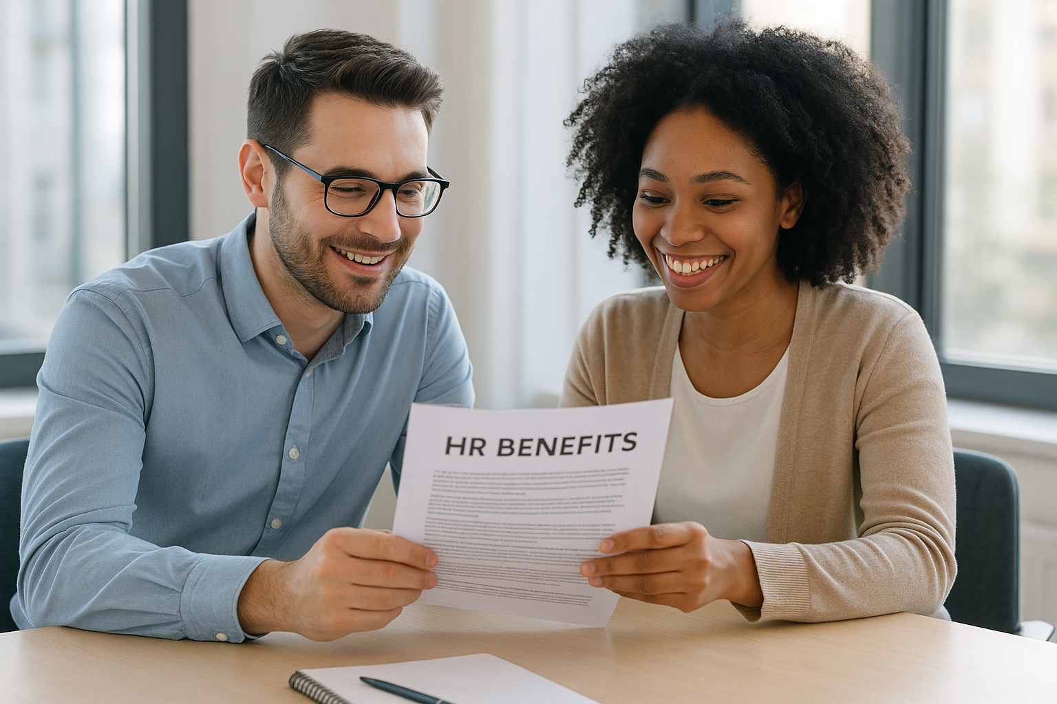 HR advisor and business leader discussing benefits eligibility for a half-time role