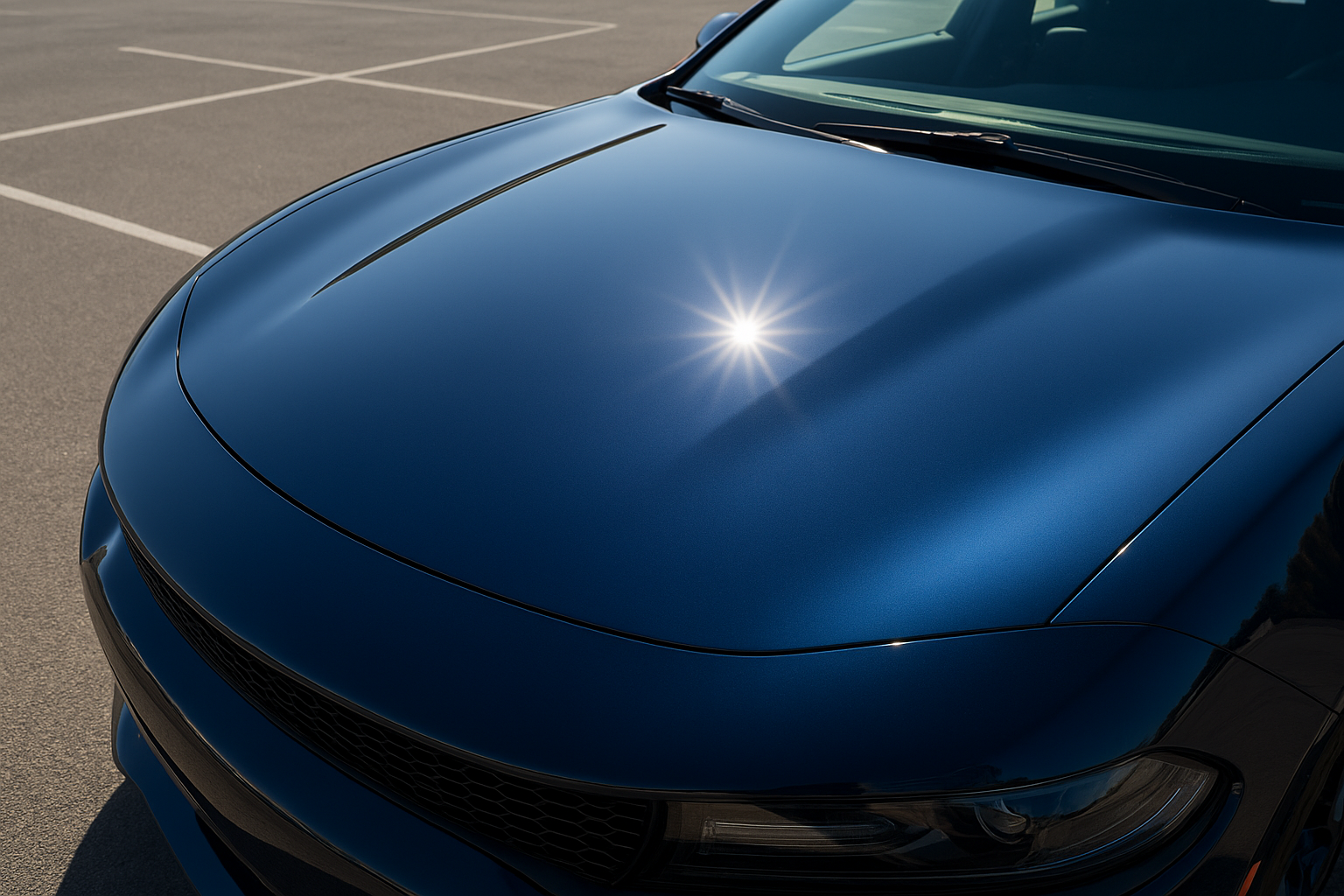 Glossy repaired car hood after paint chipping repair Brea technicians completed