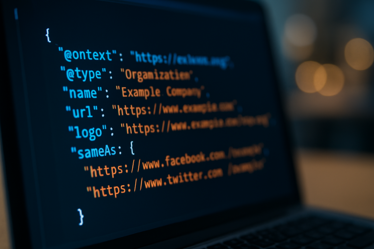 JSON-LD structured data code on screen representing FAQ schema markup implementation