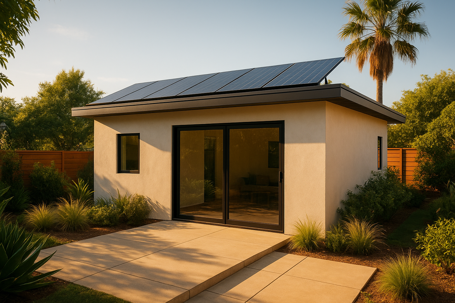 Completed detached ADU built by an ADU contractor in Los Angeles with modern stucco exterior and solar panels