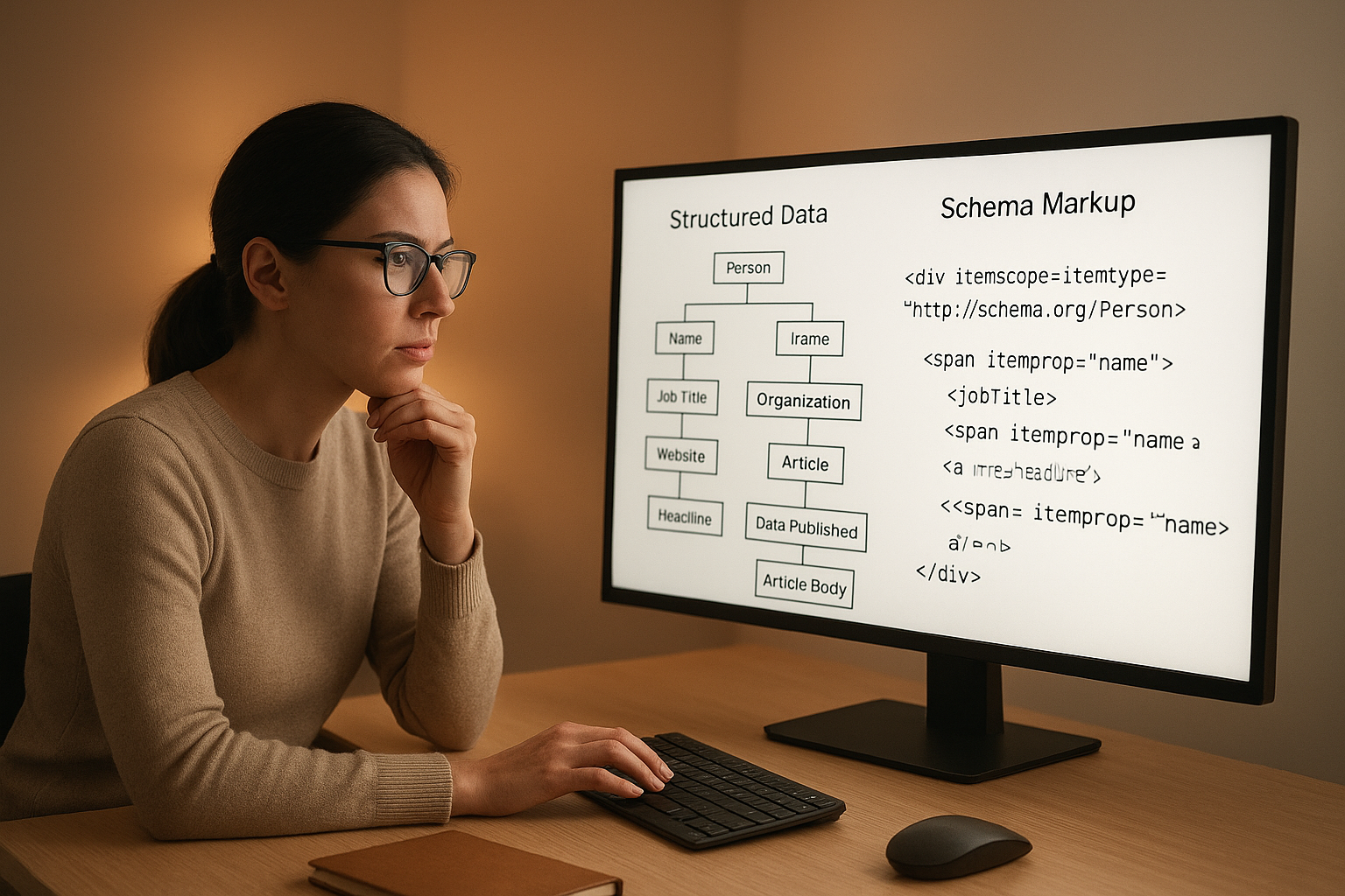 Content strategist reviewing structured data and schema markup for AI search optimization
