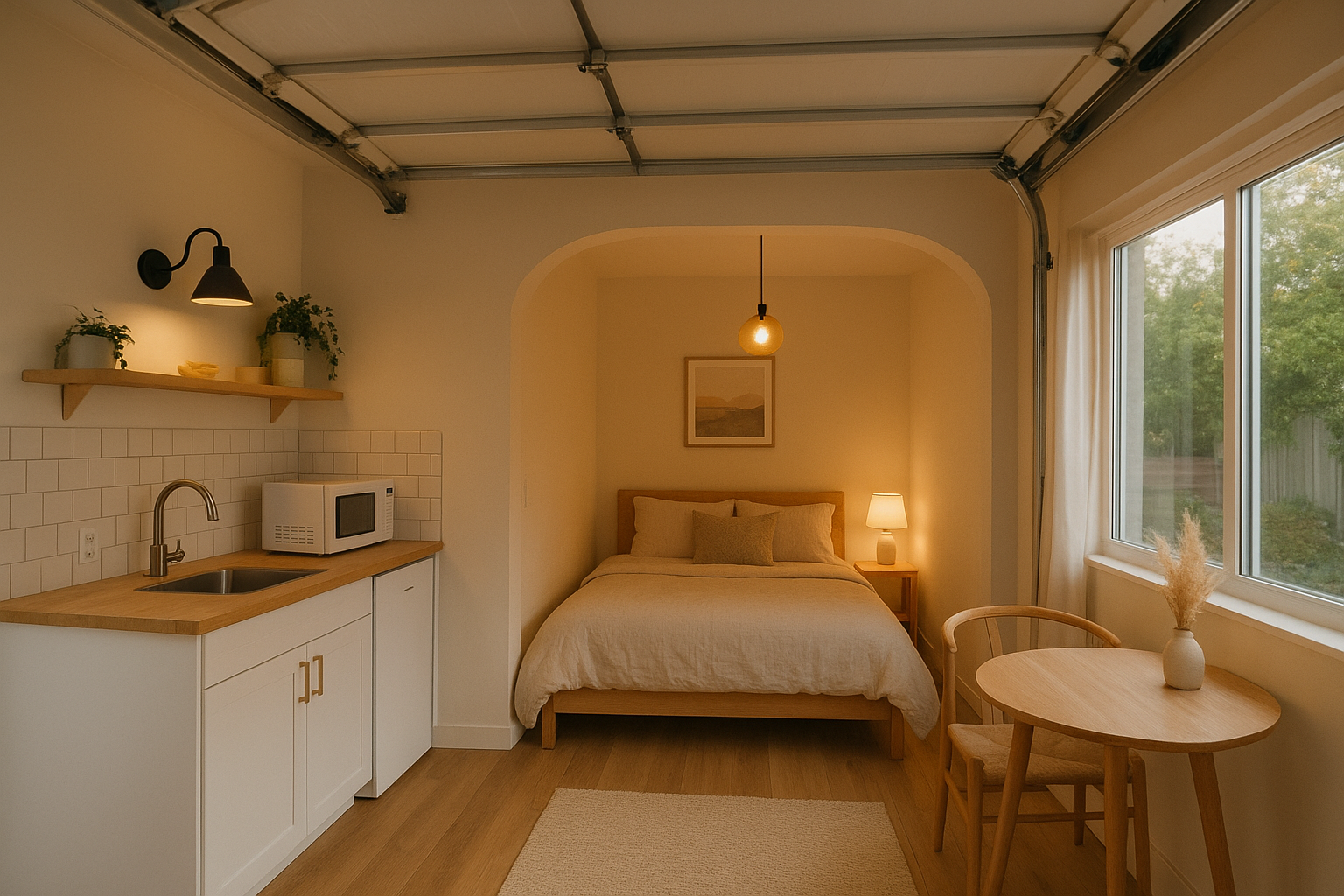 Finished interior of a converted garage studio apartment with kitchenette