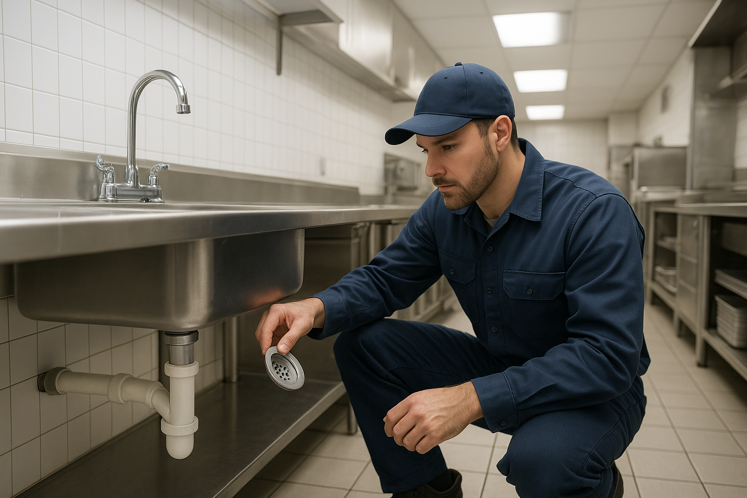 347cd159_commercial-kitchen-plumbing-repair Commercial kitchen plumbing repair technician inspecting restaurant sink drain