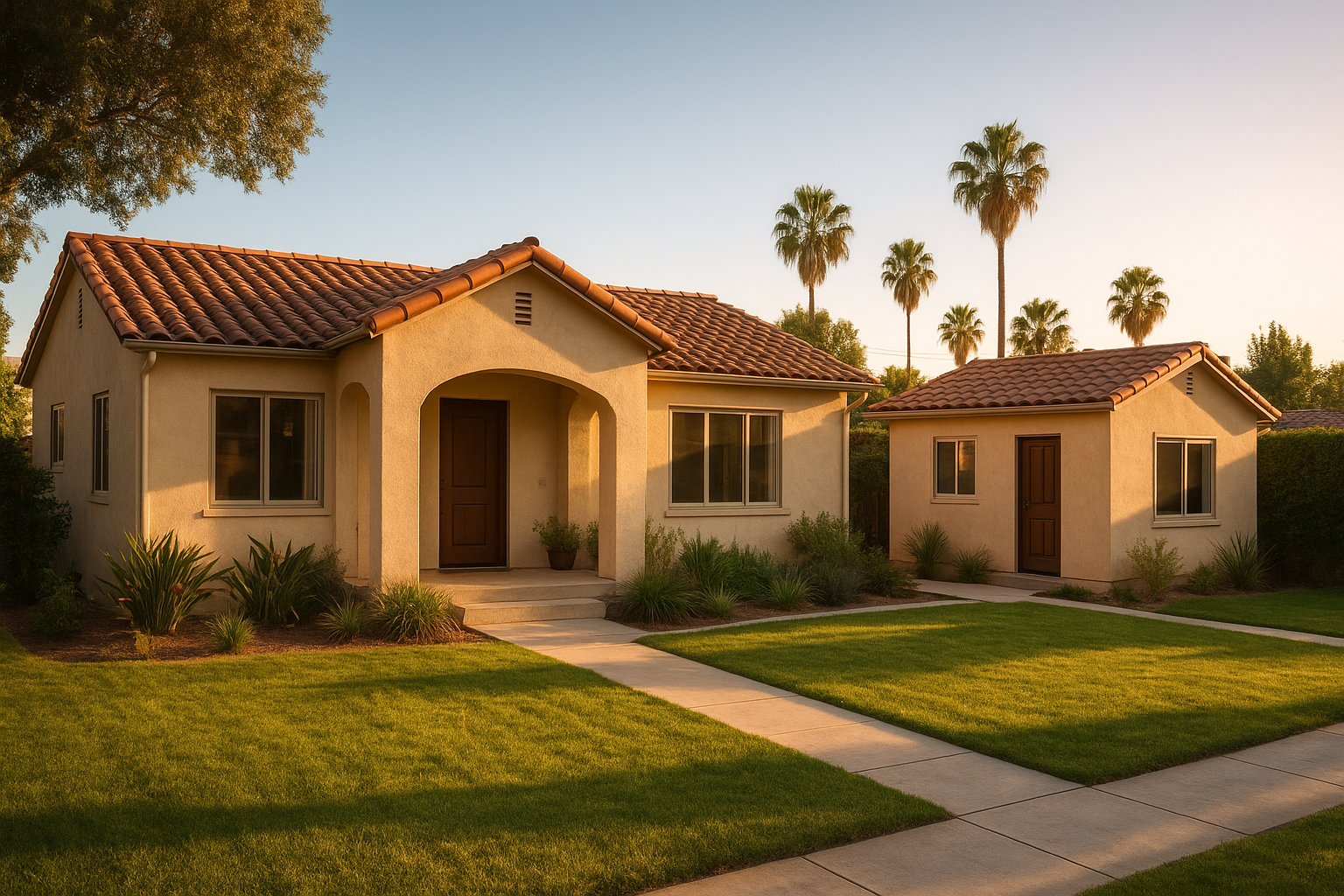 Single-story house with a detached mother-in law suite in a Southern California backyard