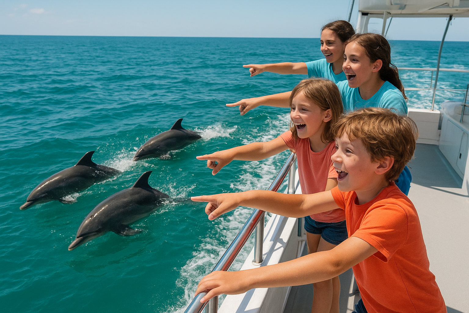 Students watching dolphins during a North Myrtle Beach eco tour paired with a school fishing trip