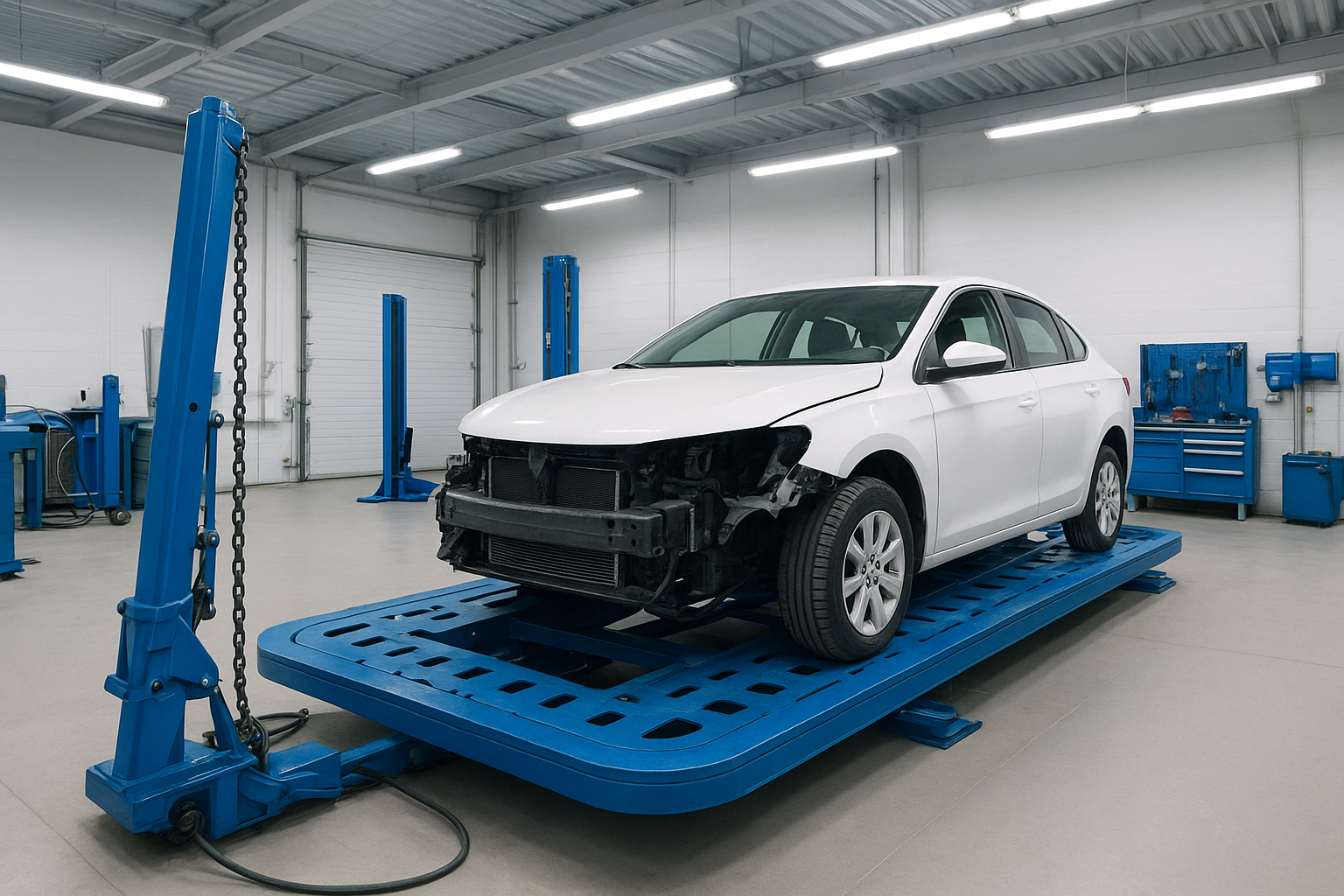 Vehicle on a frame straightening rack inside a modern collision repair facility