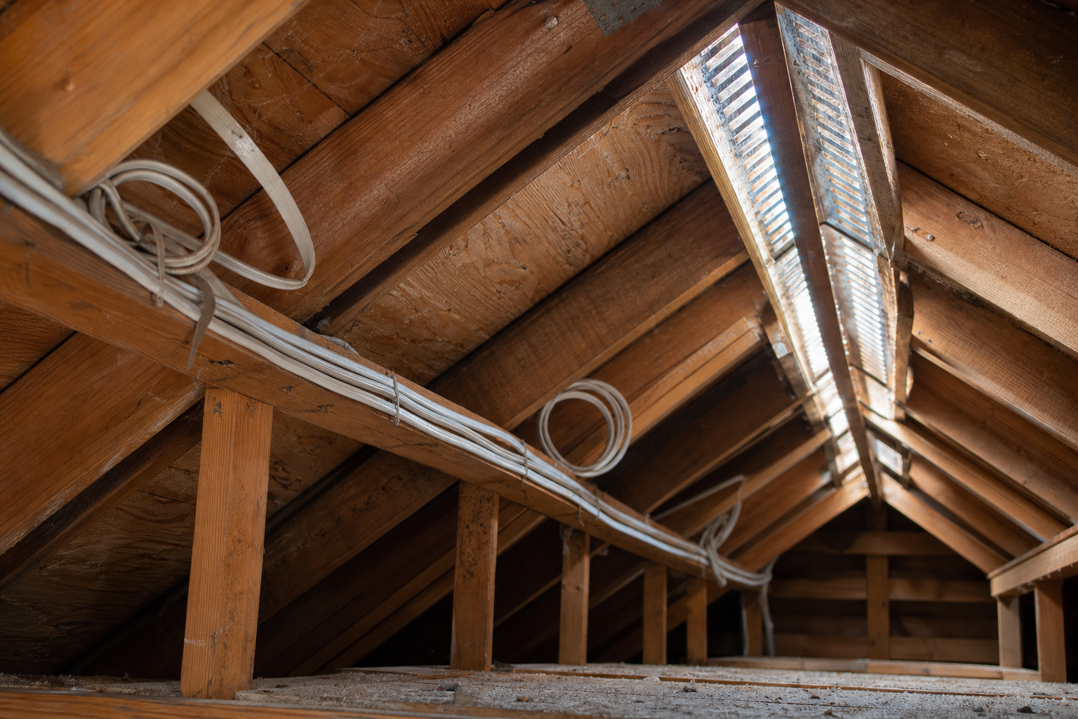 Roof rafters and ventilation opening inspected during a residential attic evaluation