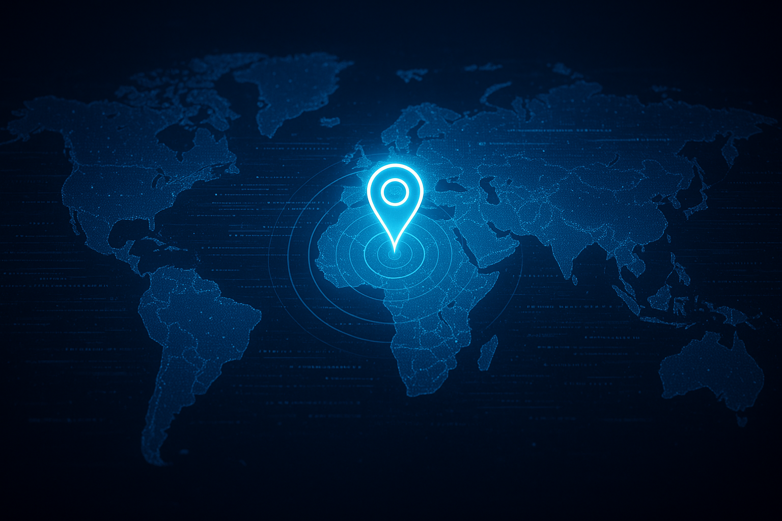 World map showing the location of an IP address pinpointed on a specific city with digital data streams