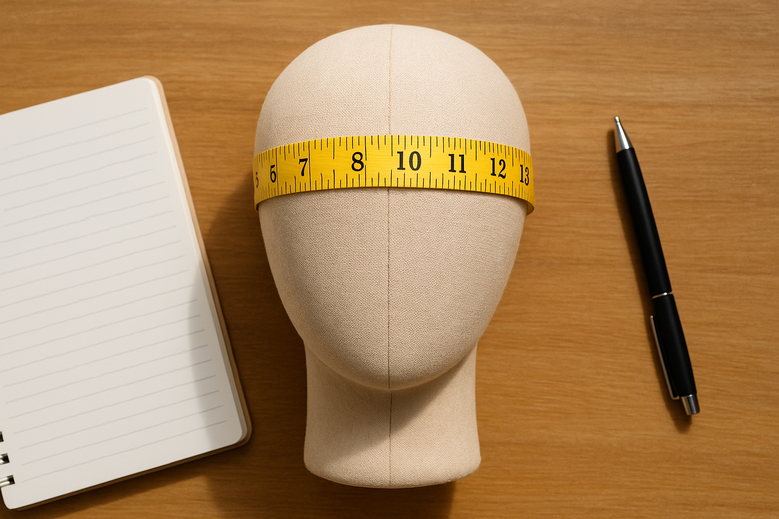 Flexible tape measure checking temple-to-temple width on a mannequin head before buying smart glasses