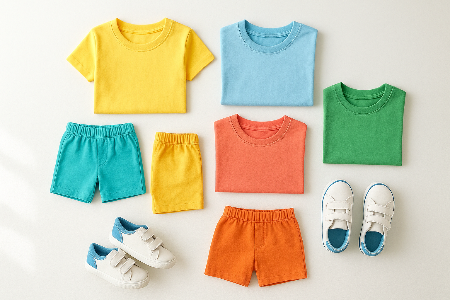 Colorful children's clothing items neatly arranged during a seasonal sale