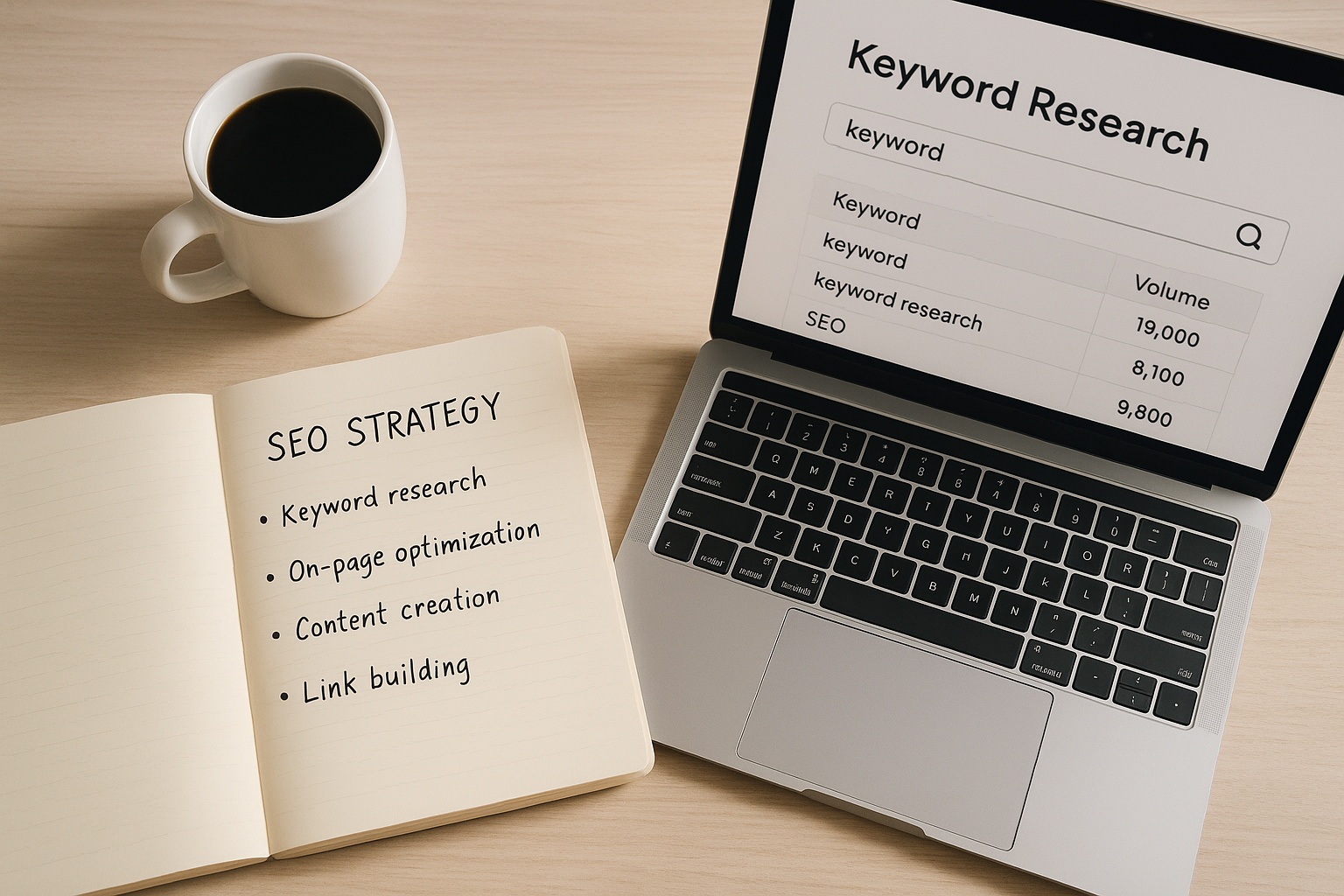 SEO strategy planning with cloud-based keyword research tool open on a laptop beside handwritten notes