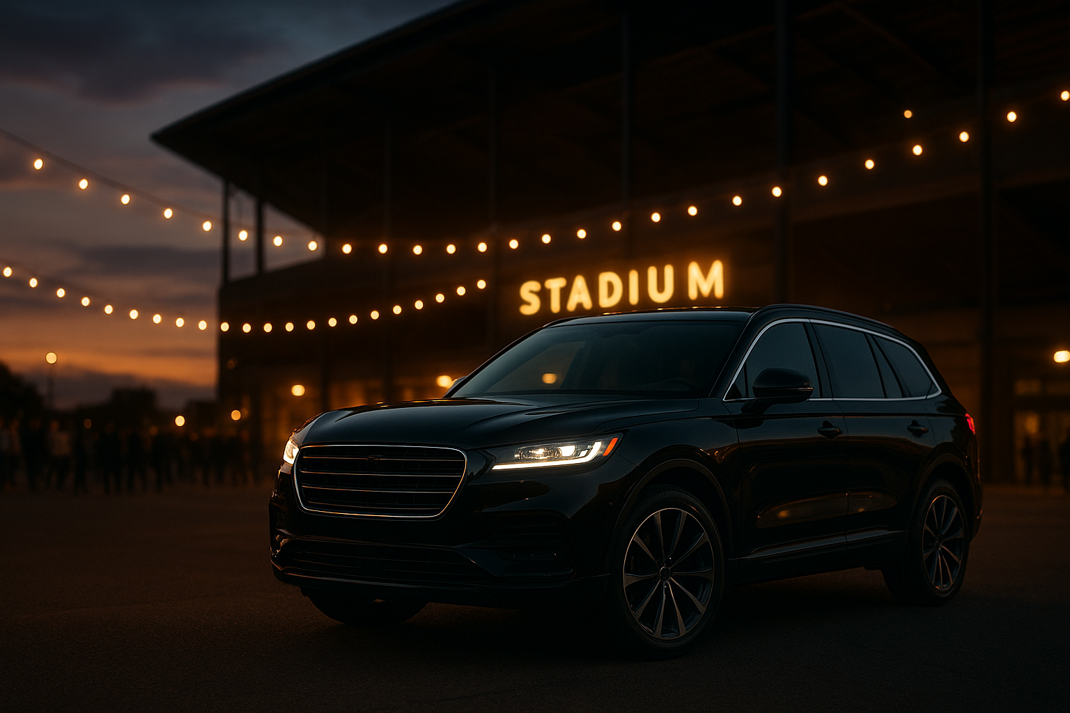 Luxury SUV arriving for Rose Bowl luxury concert transport at dusk near stadium lights