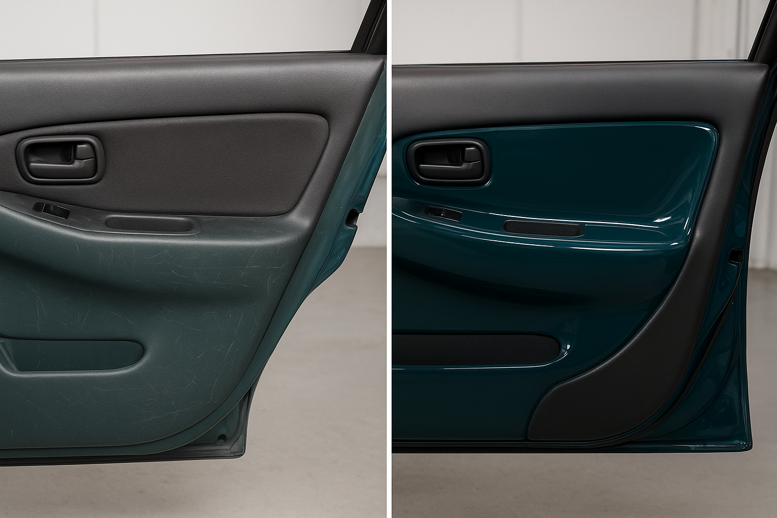 Before and after comparison showing results of vehicle paint restoration