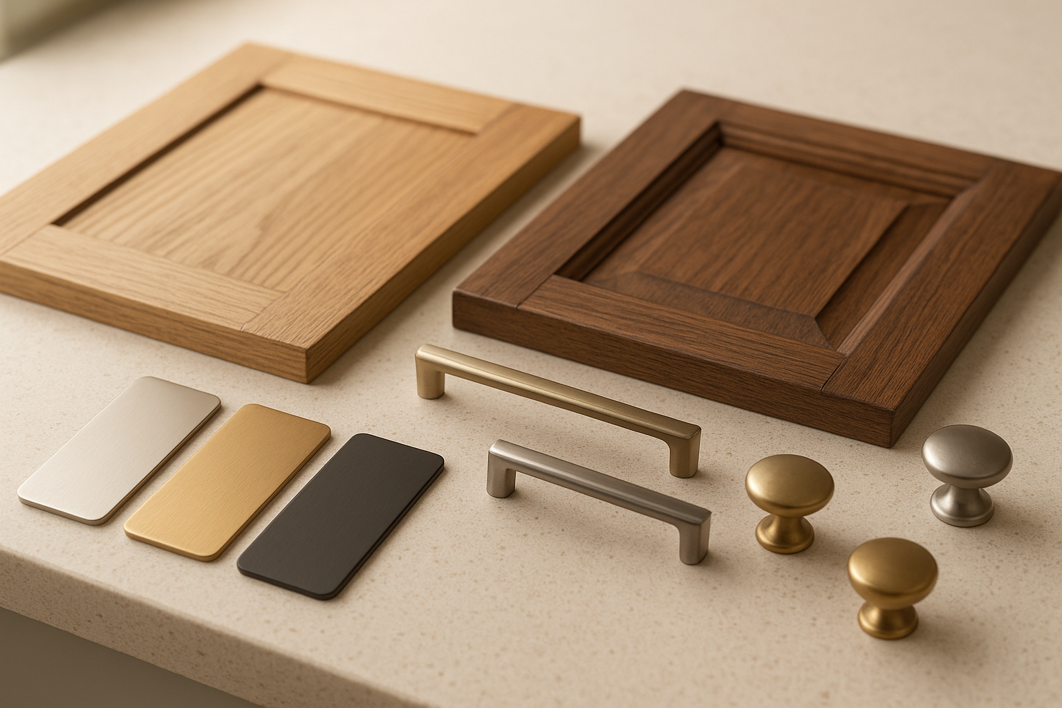 Cabinet door and hardware finish samples arranged during a cabinet refacing planning session