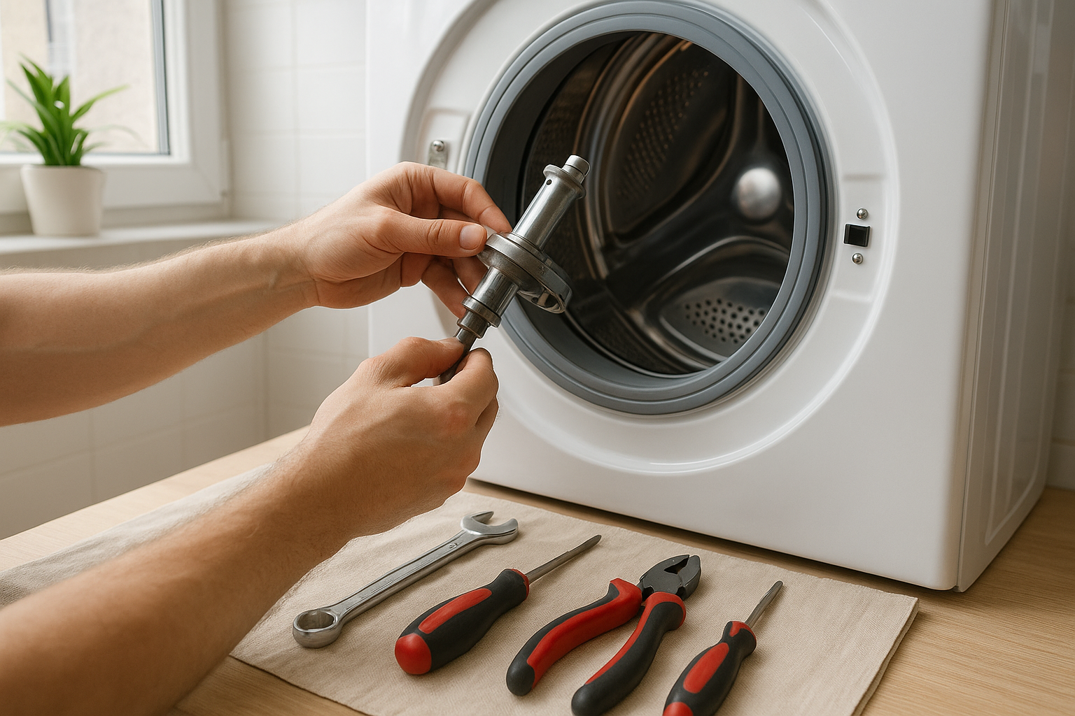 Technician installing a replacement part during a washer repair job
